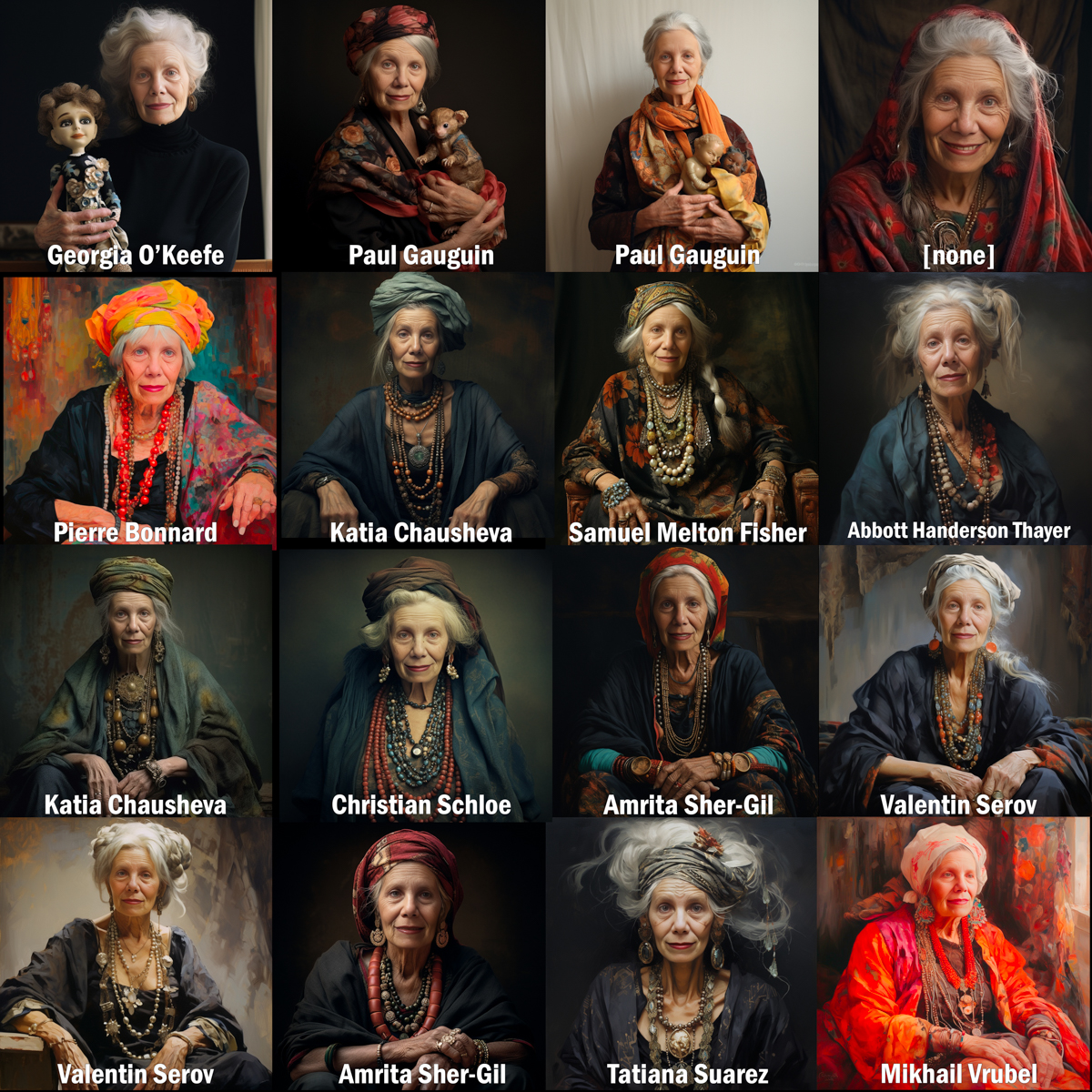 16 AI-generated simulacra of me as a "beautiful old woman"